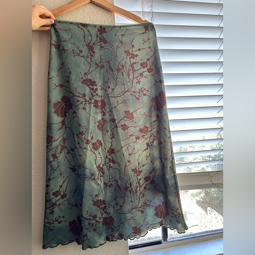 Emerald Blue/Green Fitted Skirt with Dark Red Flowers